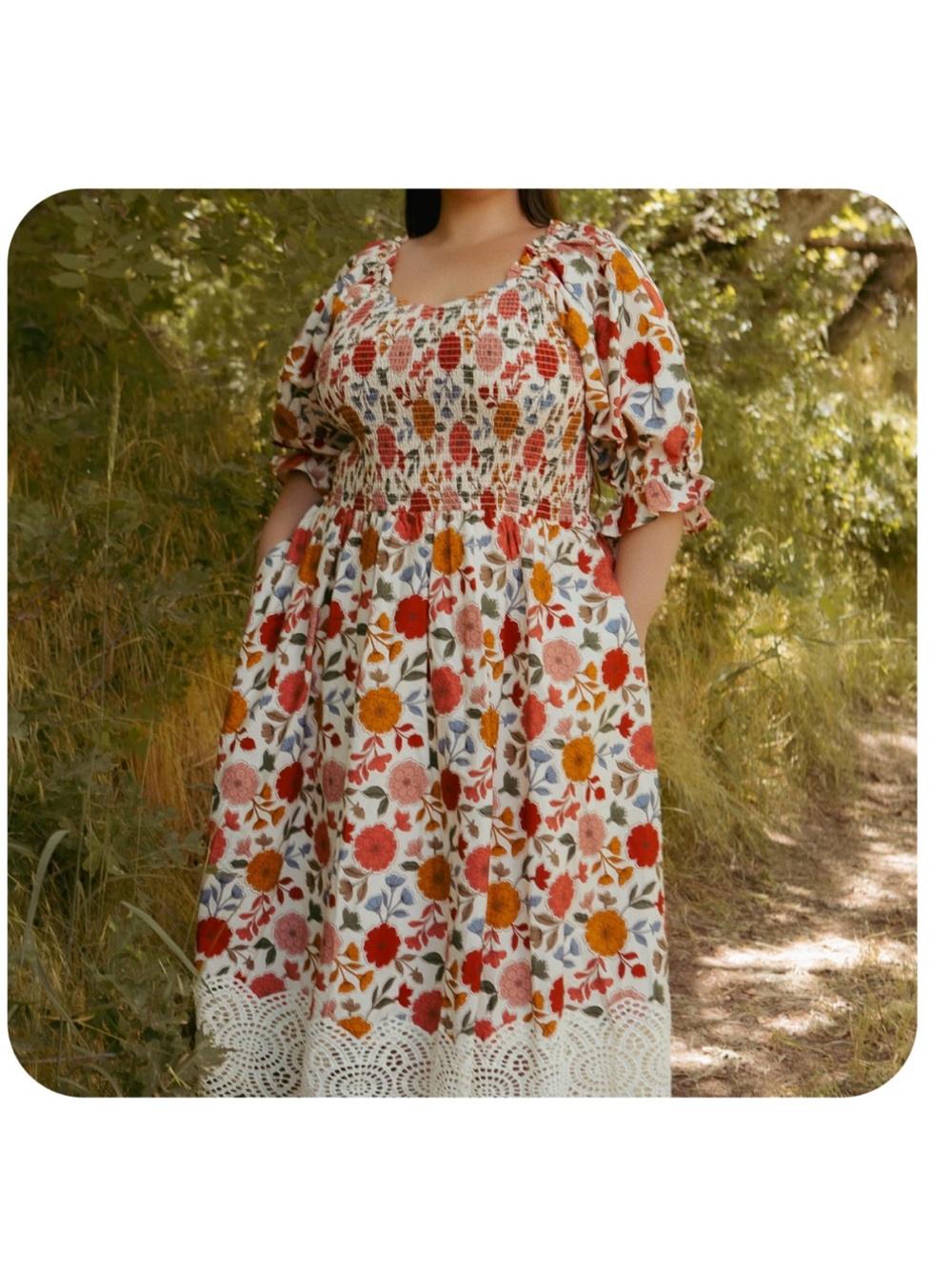 Ivy City Co Cotton Teagan Floral Maxi Dress in Sepia Flower with lace trim